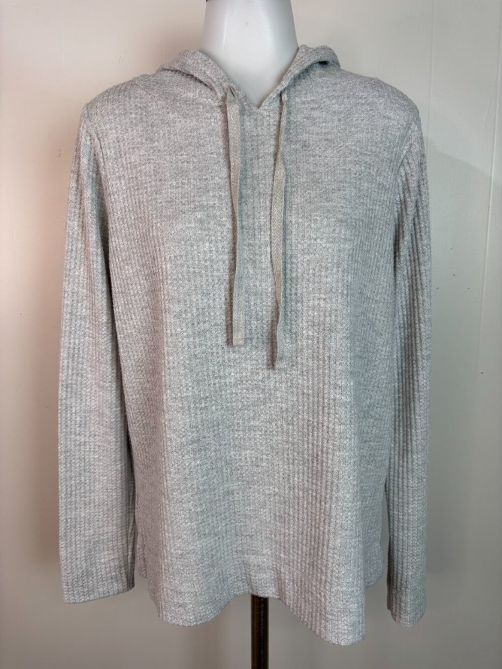 LOFT Top Medium Gray Waffle‎ Knit Hooded Shirt Relaxed Fit Stretch Casual
